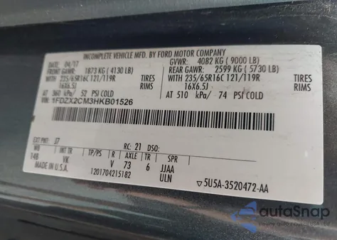 2017 Ford Transit-350 Xl z USA, uszkodzony, nr VIN 1FDZX2CM3HKB01526